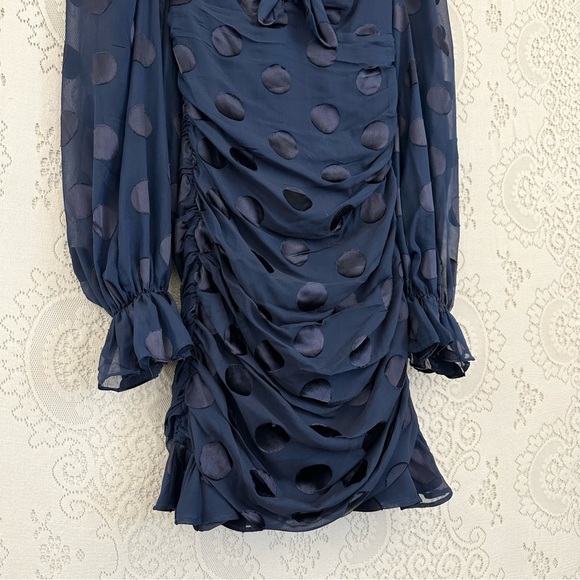 For Love and Lemons Navy Blue Polka Dot Chiffon Ruched Lula Mini Dress - Picture 9 of 16